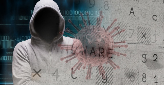 Digital illustration of a macro Covid-19 cell with data processing over a man wearing a hoodie, hiding his face in a shadow. Coronavirus Covid-19 pandemic concept digital composite