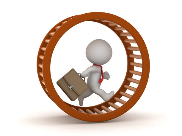 istock 3D Character With Work Briefcase Running in a Hamster Wheel 1266971380