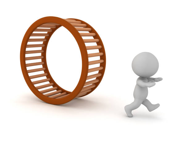 istock 3D Character Running Away from a Hamster Wheel 1266971396