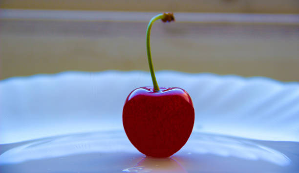 cereza roja se encuentra en los platos. - sour cherry cherry sour taste cute fotografías e imágenes de stock
