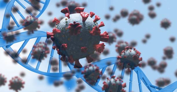 istock Blue DNA strain with macro coronavirus covid19 cells floating on blue background 1266971730