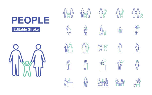 People Thin Line Icons. Editable Stroke. Vector. Trendy People Icons. sad old woman stock illustrations