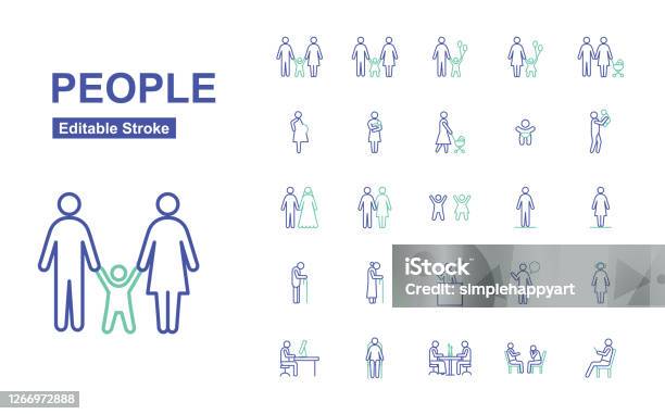 People Thin Line Icons Editable Stroke Vector Stock Illustration - Download Image Now - Icon Symbol, People, Editable Stroke