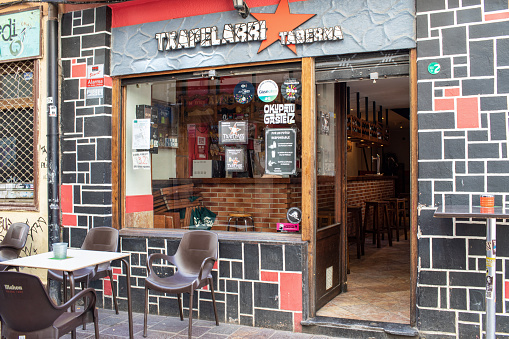 Vitoria-Gasteiz, Alava, Spain - July 16, 2020: Txapela bar in the Old City in the Vitoria Gasteiz