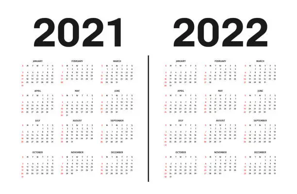 Vector illustration of Calendar 2021 and 2022 template. Calendar template in black and white colors, holidays in red colors