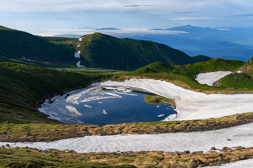 Lake Chokai in early summer.Mt. Chokaisan is one of Japan’s 100 most famous mountains and an active volcano.