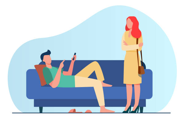 Man lying on sofa when woman standing and looking at him Man lying on sofa when woman standing and looking at him. Couch, laziness, wife flat vector illustration. Family and relationship concept for banner, website design or landing web page husband stock illustrations