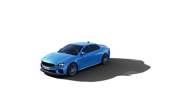 blue generic sports sedan, isolated on white background,  3D, car of my own design.