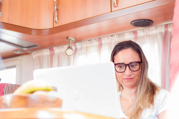 istock Woman teleworking from her motorhome as a mobile office 1266977355