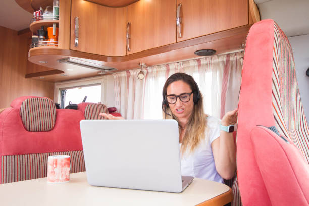 istock Woman teleworking from her motorhome as a mobile office 1266977381