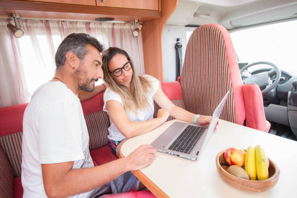 istock Woman and man teleworking from their motorhome as a mobile office 1266977392