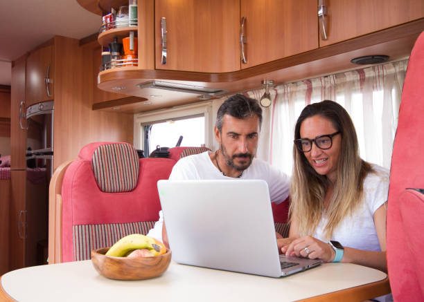 istock Woman and man teleworking from their motorhome as a mobile office 1266977421