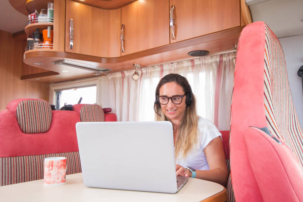 istock Woman teleworking from her motorhome as a mobile office 1266977426