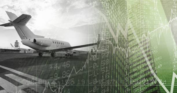 istock Flight landed over statistics in a green background 1266977906