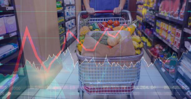 istock Caucasian woman doing errands in a store shelf over statistics 1266978700