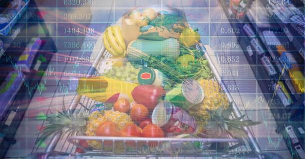 istock Cart filled up with errands in a store shelf over statistics 1266979082