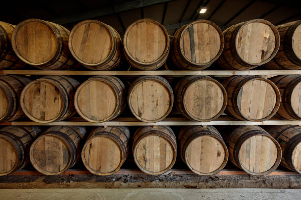 un frente a la vista de una fila de pilas de barriles de whisky completos tradicionales, establecidos para madurar, en un gran almacén - whisky barrel distillery hard liquor fotografías e imágenes de stock