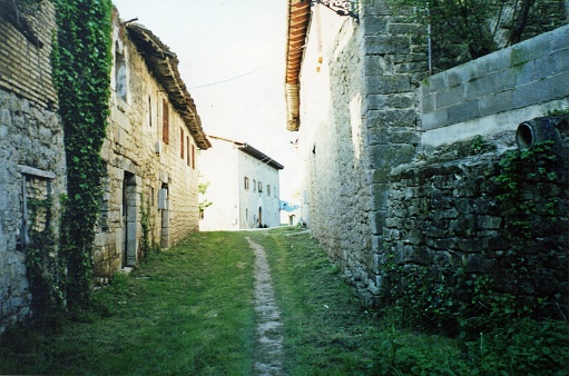 Larrasoaña / Spain - Pilgrim trail through village on the Camino de Santiago near Larrasoaña