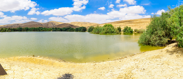 Panoramic view of Yeruham Park and Lake, a manmade lake in the middle of the Negev Desert, Southern Israel