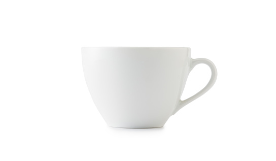 3d photo realistic white cup icon mockup rendering. Design Template for Mock Up. ceramic clean white mug with a matte effect isolated on white background with clipping path.