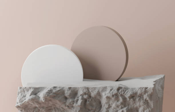 3d grey stone display podium. white, gray rock pedestal and pastel beige trendy mockup background. beauty art deco abstract. nude 3d render summer illustration. branding banner for cosmetics product. - circle of stones imagens e fotografias de stock