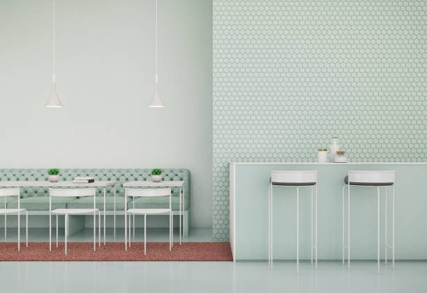 istock Cafeteria.Coffee shop interior.Counter bar,sofa,chairs and tables.Design with mint green color.3d rendering 1266993573