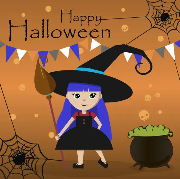 Vector illustration of A little witch in a big black hat with a broom and a potion pot. Flat vector postcard for Halloween. An illustration with a greeting inscription, spiders, garlands and a funny girl in a cute dress.