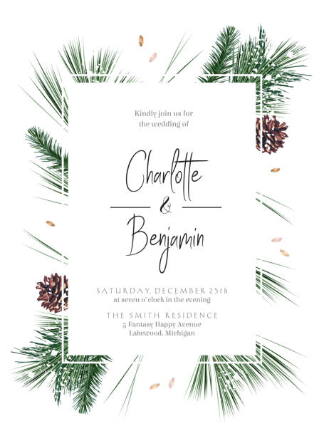 Emerald Christmas greenery, spruce, fir, pine cones seasonal vector design frame Emerald Christmas greenery, spruce, fir, pine cones seasonal vector design frame. Woodland simple style. Winter chic wedding or new year party invitation card. Watercolor style. Isolated and editable christmas border stock illustrations