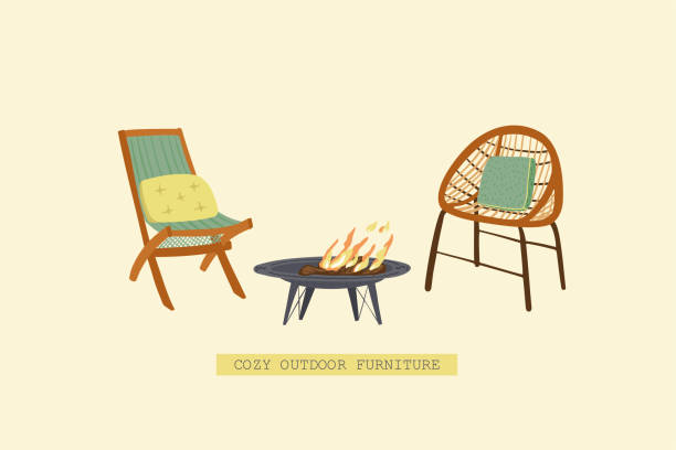 Chairs for gardens and a fire Cozy Wicker and wooden outdoor chairs and an iron fireplace. Furniture for gardens, terraces or a picnic. Vector flat hand drawn illustration in scandinavian style. furniture illustrations stock illustrations