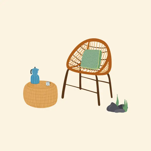 Vector illustration of Cozy wooden outdoor chair and a wicker coffee table