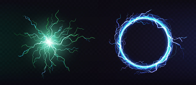 Electric ball, round lightning frame, blue thunderbolt circle border, magic portal, energy strike. Green plasma sphere, powerful electrical isolated discharge dazzle, Realistic 3d vector illustration