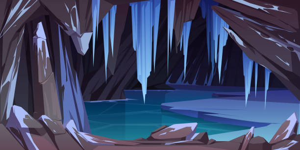 Ice cave in mountain, grotto with frozen lake Ice cave in mountain, grotto with frozen lake and hanging icicles inside. Empty cavern, nature landscape background with crystal stalactites and icy rocks. Fantasy antre Cartoon vector illustration stalactite stock illustrations