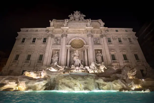 The largest baroque Fountain di Trevi in the city and one of the most famous fountains in the world located in Rome, Italy