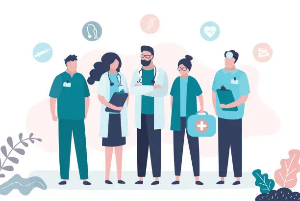 Vector illustration of Group of various doctors. Teamwork, medical services concept. Female and male medical specialists, human characters in uniform.