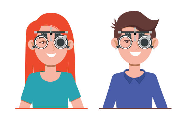 ilustraciones, imágenes clip art, dibujos animados e iconos de stock de chequeo de la vista de las personas en la clínica oftalmológica. optometrista revisando la vista de niños y adultos con gafas de equipo médico. selección de lentes de gafas. ilustración de personajes de dibujos animados planos - human eye eyesight optometrist lens