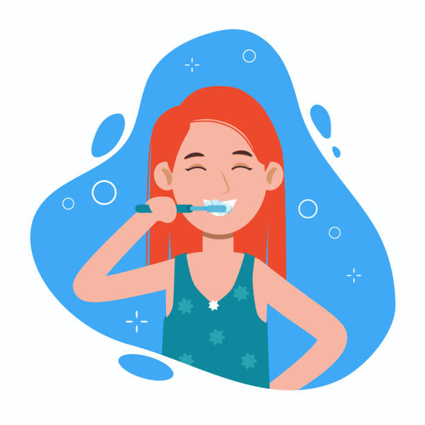 stockillustraties, clipart, cartoons en iconen met jonge vrouw die tanden in een badkamers poetst. mondhygiëne, zorg voor tandheelkundige gezondheid. vector vlakke beeldverhaaltekenillustratie - tandenpoetsen vrouw