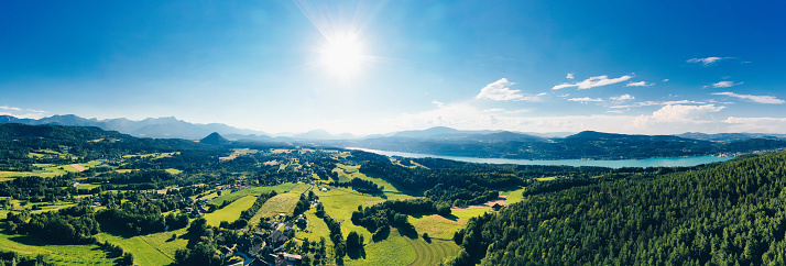 Wörthersee region. Panorama view of the beautiful lake in Carinthia, Austria