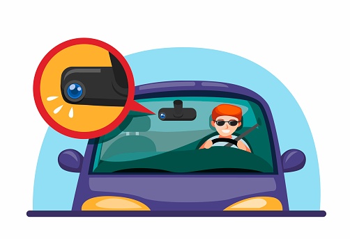 Car Dashcam. man driving car with mirror dvr camera technology symbol concept in cartoon illustration vector