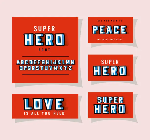 Vector illustration of 3d super hero font lettering and alphabet on red backgrounds vector design