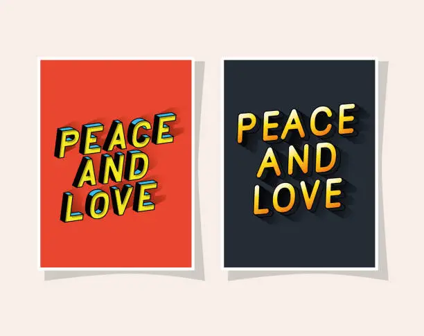 Vector illustration of 3d peace and love lettering set on red and gray backgrounds vector design