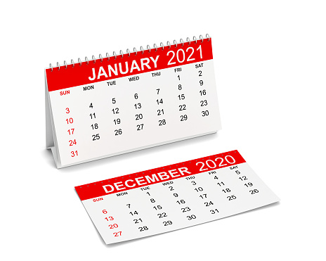 Calendar for year 2021. Week starts with sunday. 3d illustration isolated on white background