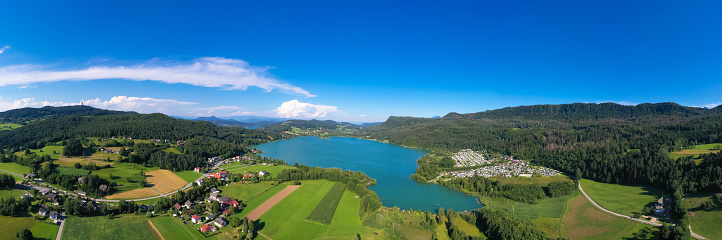 Keutschacher See in Carinthia region. Aerial view to the famous lake in the South of Austria during summer.