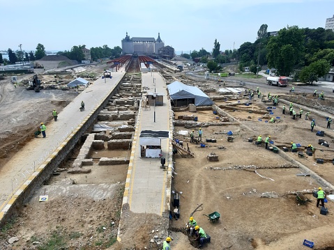 Haydarpaşa,Kadıköy-İstanbul/Turkey 17 Jun 2019 : Archaeological excavation work in Haydarpaşa. On May 10, 2018, historical remains were unearthed under the rails leading to the platforms of Haydarpaşa Train Station. It was determined that these remains belong to the Late Roman, Byzantine, late Ottoman and Republic periods. A team of 15 archaeologists affiliated with the Istanbul Archeology Directorate started excavations in the area in accordance with the decision of the 5th Regional Board for the Protection of Cultural Heritage. The works continue meticulously at three different points on an area of ​​300 decares, including the rails close to the platforms.