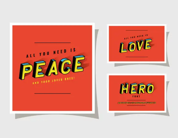 Vector illustration of 3d peace love and hero lettering on red backgrounds vector design