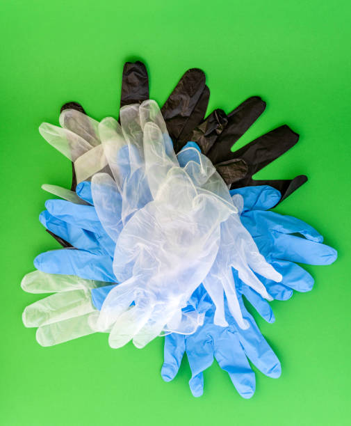 transparent, blue and black protective medical gloves