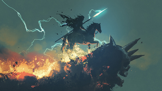 a knight with his horse standing on the dark skull cliff, digital art style, illustration painting