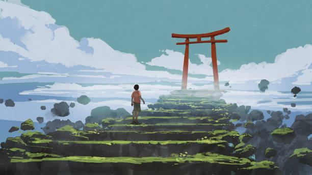Torii Gate, the entrance to the peaceful land young boy walking up the stairs to the Torii gate, digital art style, illustration painting shrine stock illustrations