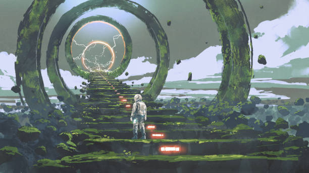 the abandoned futuristic structure spaceman standing on the futuristic stairs and looking at the light at the end, digital art style, illustration painting time machine stock illustrations