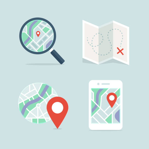Maps and navigation detailed full-color vector icon set Professional icon set in flat color style. Vector artwork is easy to colorize, manipulate, and scales to any size. close up illustrations stock illustrations