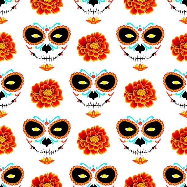 Vector illustration of El Día de Los Muertos seamless pattern. La muerte and marigold on a white background